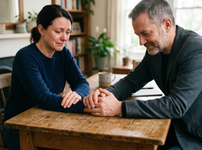 Dos personas agarrándose fuertemente de la mano sobre una mesa