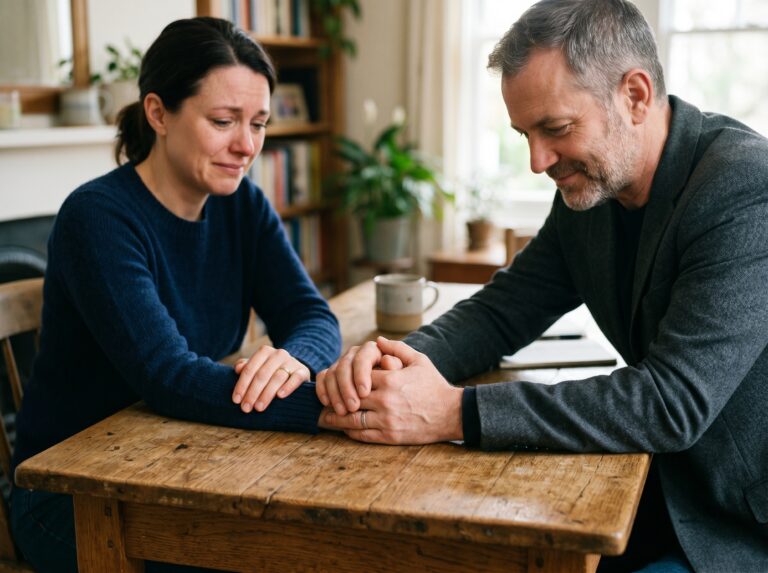 Dos personas agarrándose fuertemente de la mano sobre una mesa