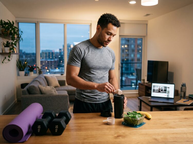 Deportista preparando un batido saludable junto a pesas y esterilla en casa