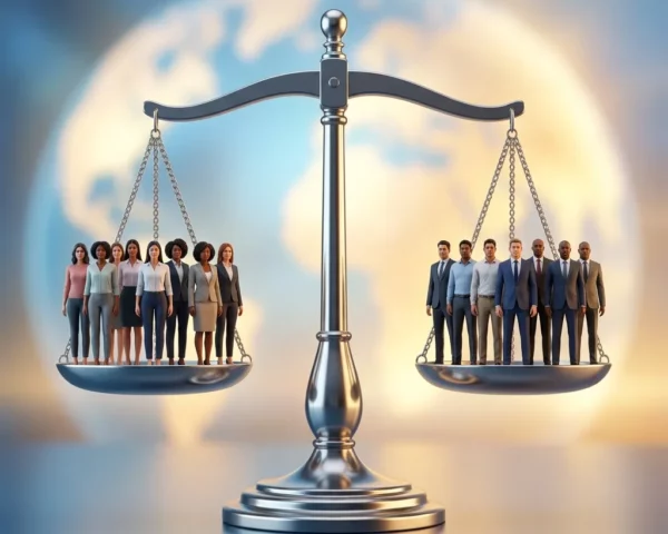 Balanza equilibrada con grupos de mujeres y hombres representando la igualdad retributiva