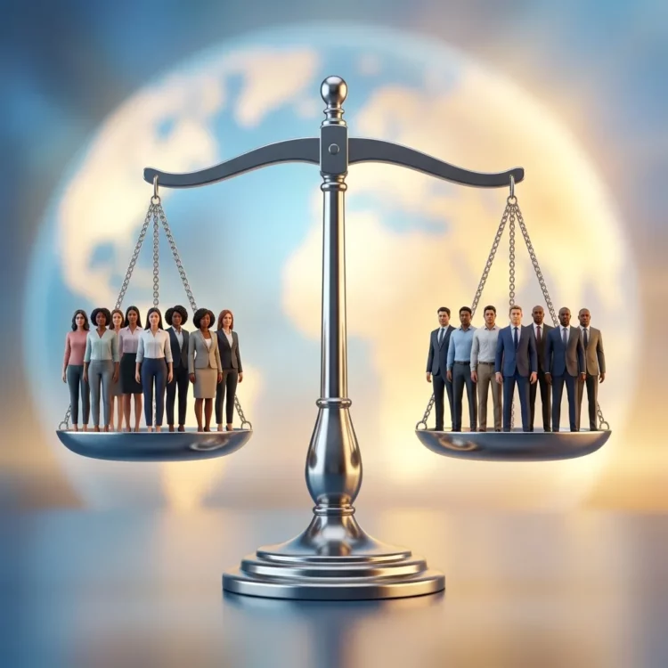 Balanza equilibrada con grupos de mujeres y hombres representando la igualdad retributiva