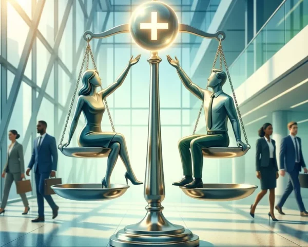 Balanza equilibrada con una mujer y un hombre como símbolo de igualdad de género