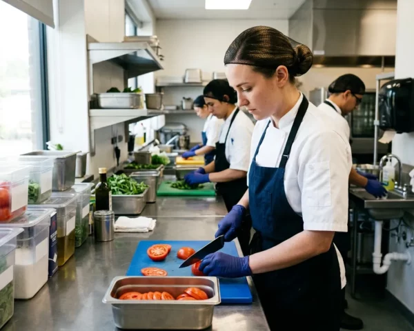 Cocinera cortando pimiento rojo con guantes y mascarilla