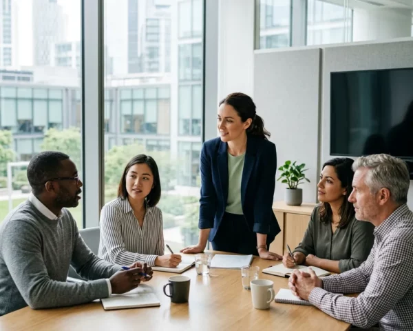Equipo diverso reunido para trabajar la igualdad de género en el ámbito empresarial