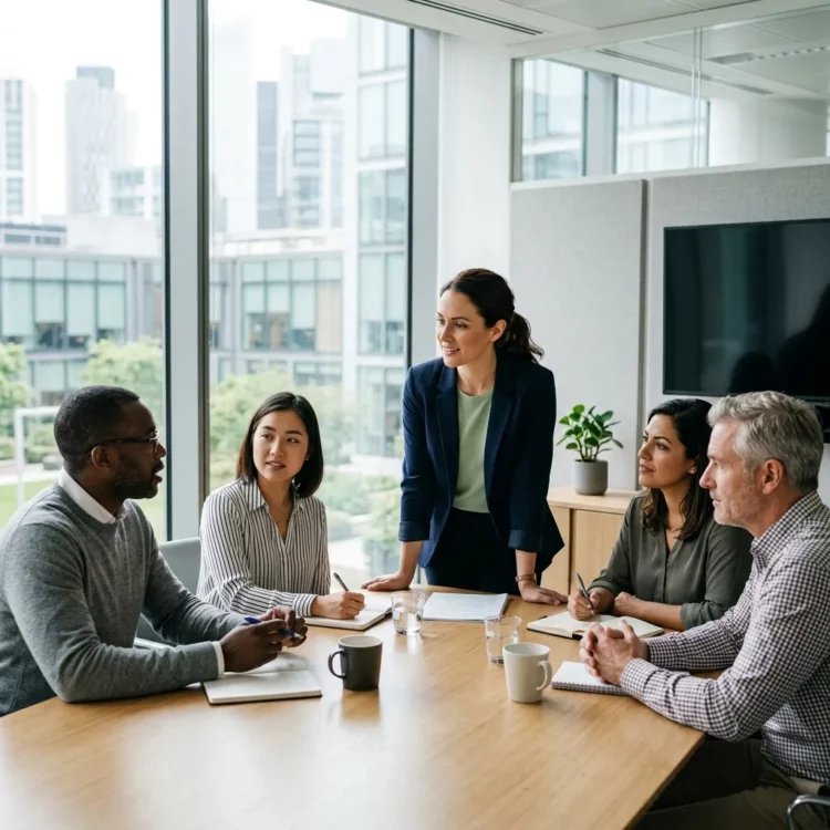 Equipo diverso reunido para trabajar la igualdad de género en el ámbito empresarial