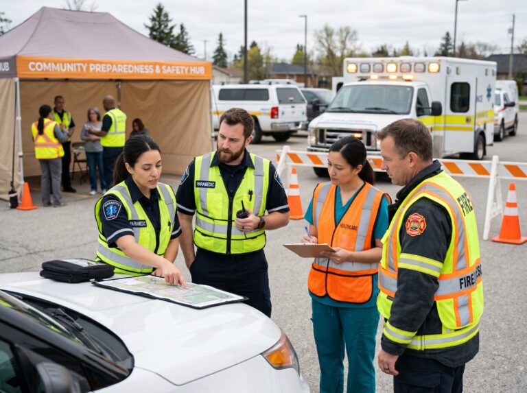 Personal de emergencias coordinando un rescate o plan de prevención