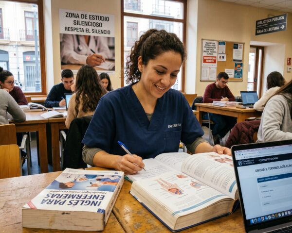 Enfermera sonriendo mientras habla con un paciente internacional con una tablet