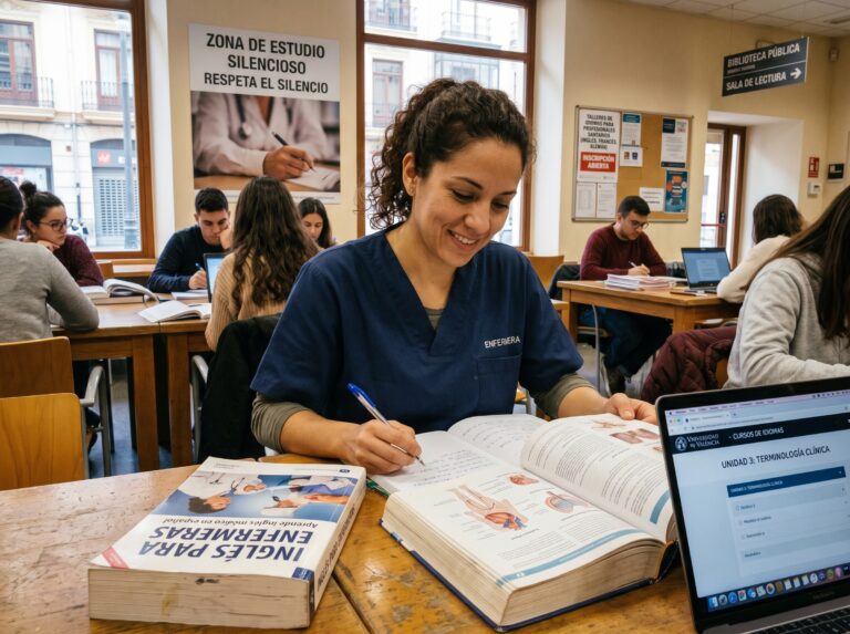 Enfermera sonriendo mientras habla con un paciente internacional con una tablet