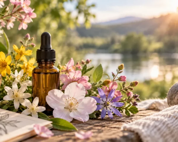Frasco de esencia floral rodeado de flores silvestres y plantas medicinales