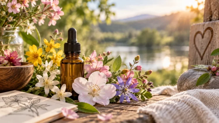 Frasco de esencia floral rodeado de flores silvestres y plantas medicinales