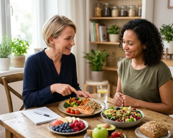 Profesional de la nutrición conversando con una mujer durante una consulta de alimentación saludable
