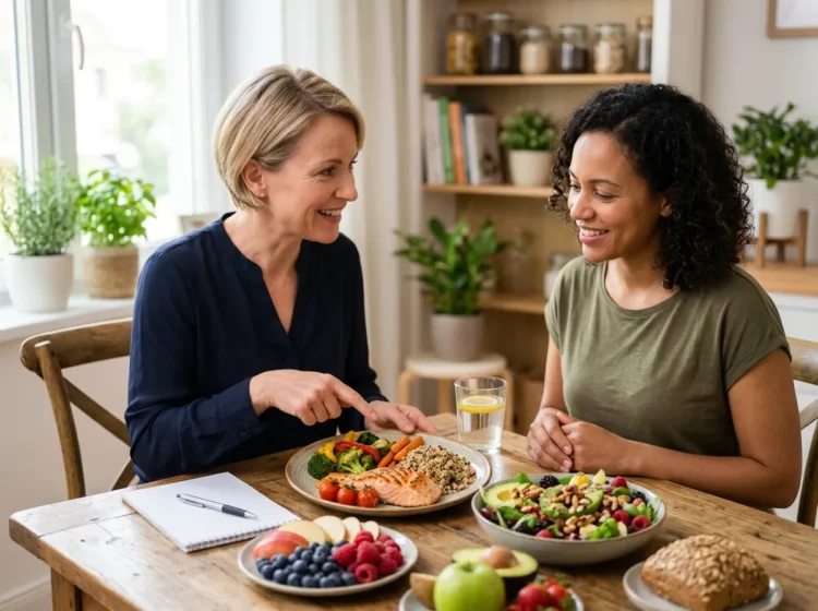 Profesional de la nutrición conversando con una mujer durante una consulta de alimentación saludable