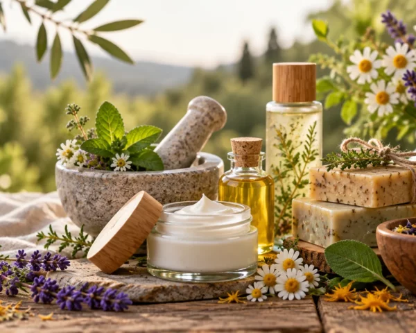 Cosméticos naturales elaborados con plantas, aceites y hierbas medicinales