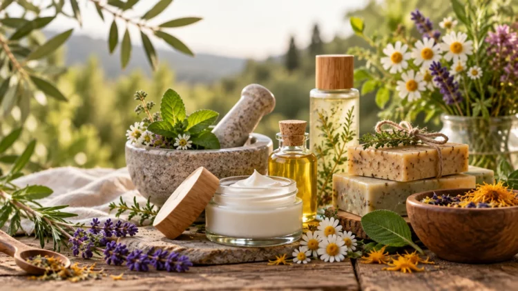 Cosméticos naturales elaborados con plantas, aceites y hierbas medicinales