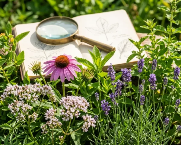 Plantas medicinales con cuaderno y lupa para estudio de fitoterapia