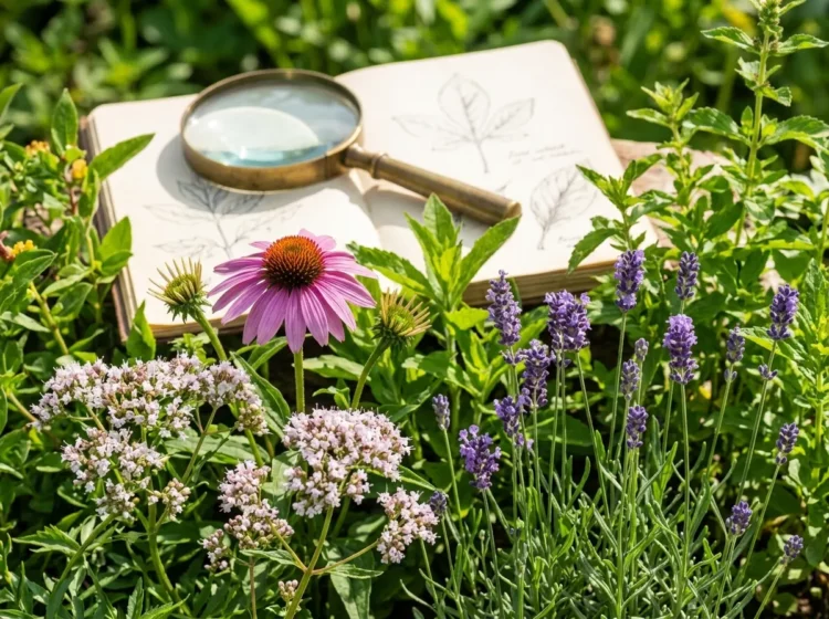 Plantas medicinales con cuaderno y lupa para estudio de fitoterapia