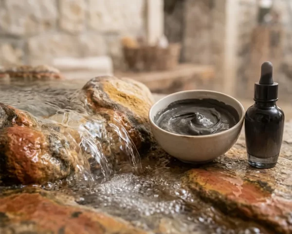 Barro terapéutico junto a agua termal y producto natural