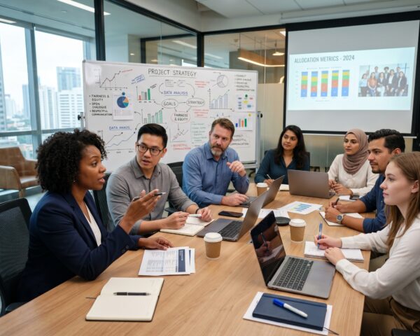 Equipo de trabajo diverso debatiendo con respeto en una sala de reuniones