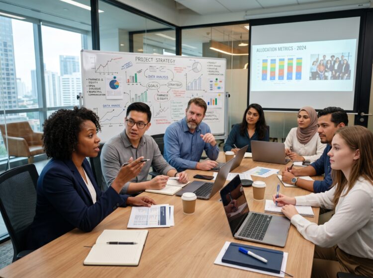 Equipo de trabajo diverso debatiendo con respeto en una sala de reuniones