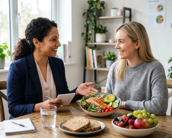 Nutricionista asesorando sobre hábitos saludables junto a alimentos frescos y equilibrados