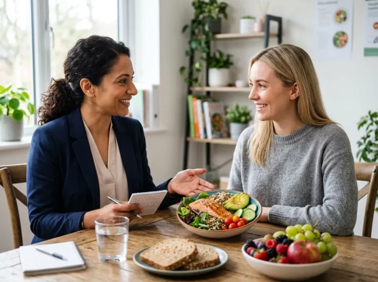 Nutricionista asesorando sobre hábitos saludables junto a alimentos frescos y equilibrados