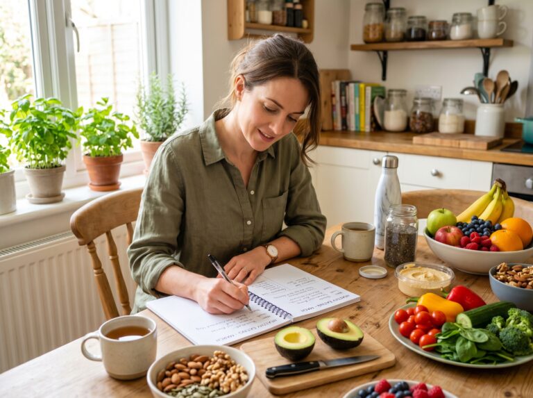 Mesa de cocina con alimentos saludables y frescos y un plan nutricional