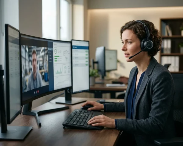 Profesional con auriculares atendiendo a un usuario por videollamada y consultando información en varios monitores.