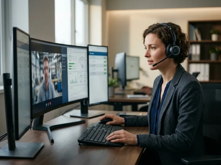 Profesional con auriculares atendiendo a un usuario por videollamada y consultando información en varios monitores.