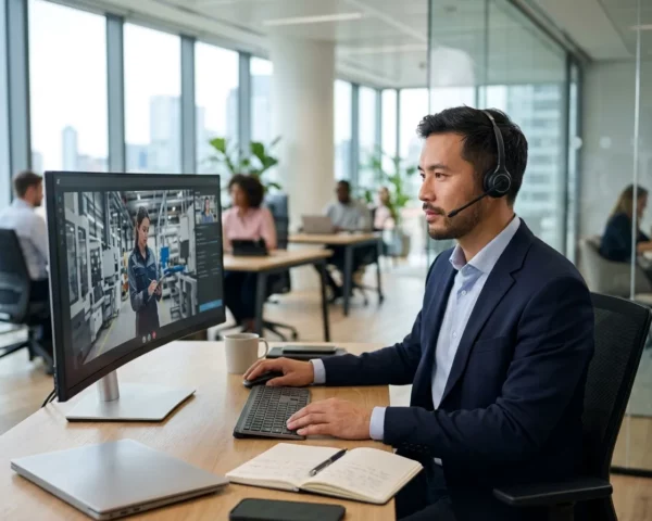 Profesional con auriculares atendiendo una consulta de teleasistencia por videollamada desde una oficina.