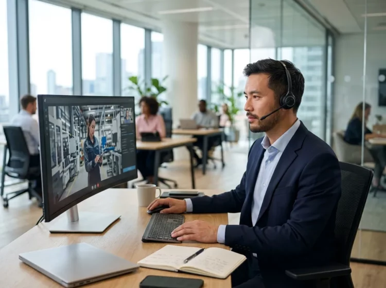 Profesional con auriculares atendiendo una consulta de teleasistencia por videollamada desde una oficina.