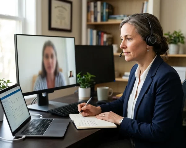 Profesional con auriculares tomando notas durante una videollamada de atención y asistencia remota.
