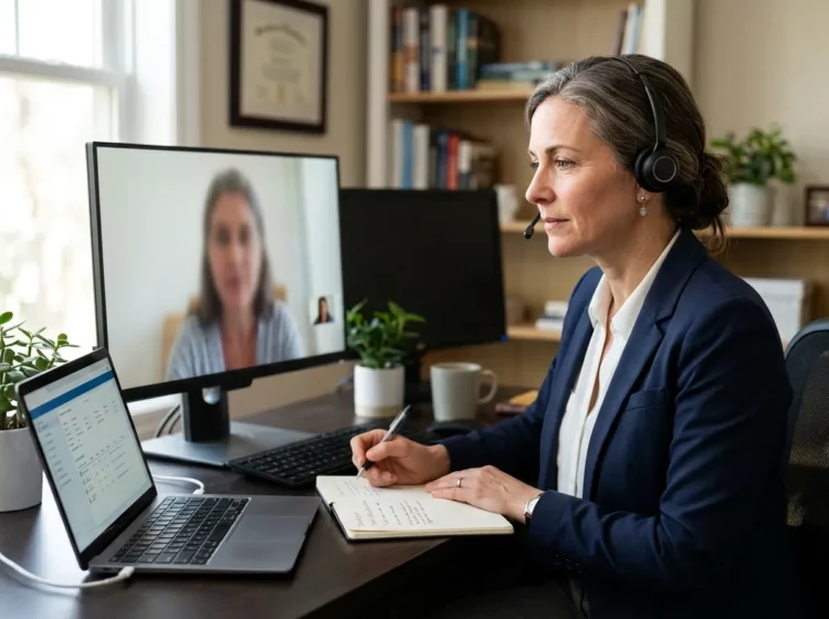 Profesional con auriculares tomando notas durante una videollamada de atención y asistencia remota.
