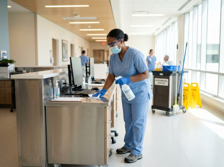Profesional sanitario desinfectando una superficie en un hospital