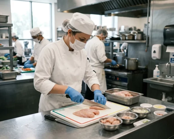 Cocinera cortando pollo crudo con guantes en una cocina profesional
