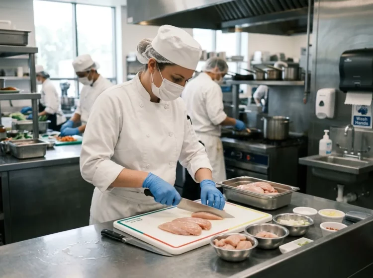 Cocinera cortando pollo crudo con guantes en una cocina profesional
