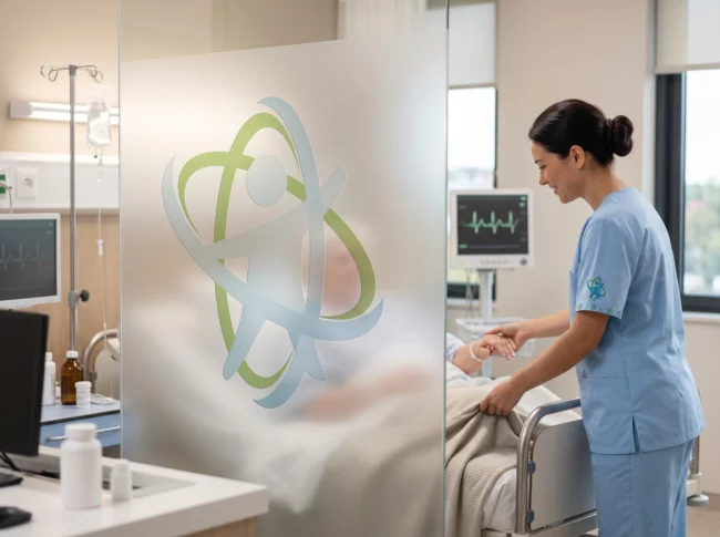 Profesional sanitaria ofreciendo apoyo y compañía a una persona mayor en un entorno asistencial.