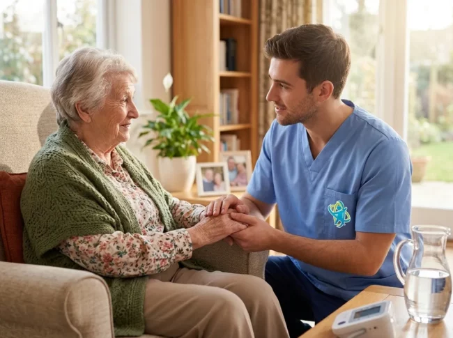 Sesión grupal de ejercicios y estimulación física para personas mayores en centro geriátrico