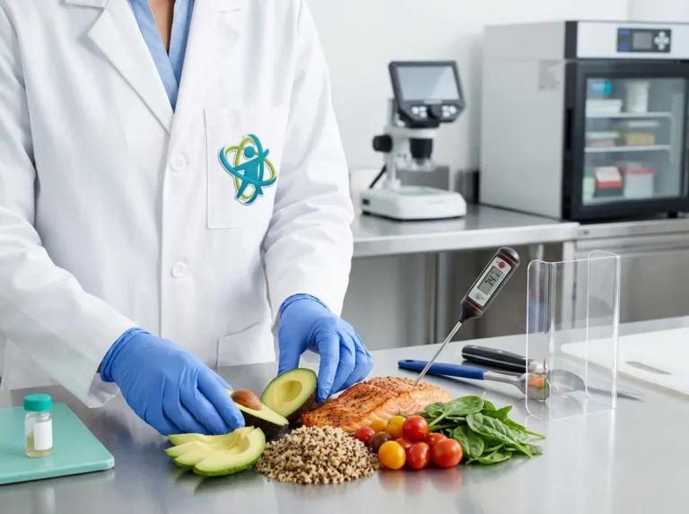Especialista realizando pruebas de laboratorio sobre una muestra de ensalada