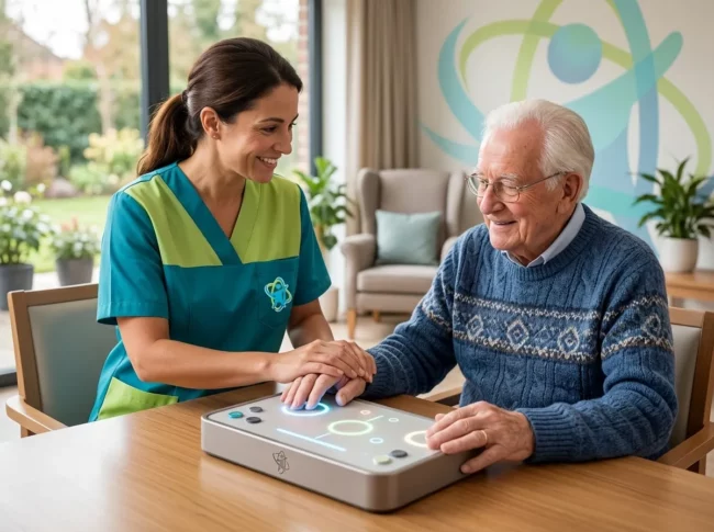 Profesional sanitario ayudando a una persona mayor a utilizar una tableta digital