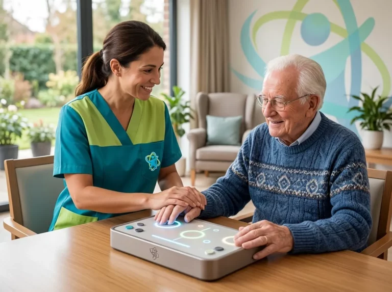 Profesional sanitario ayudando a una persona mayor a utilizar una tableta digital