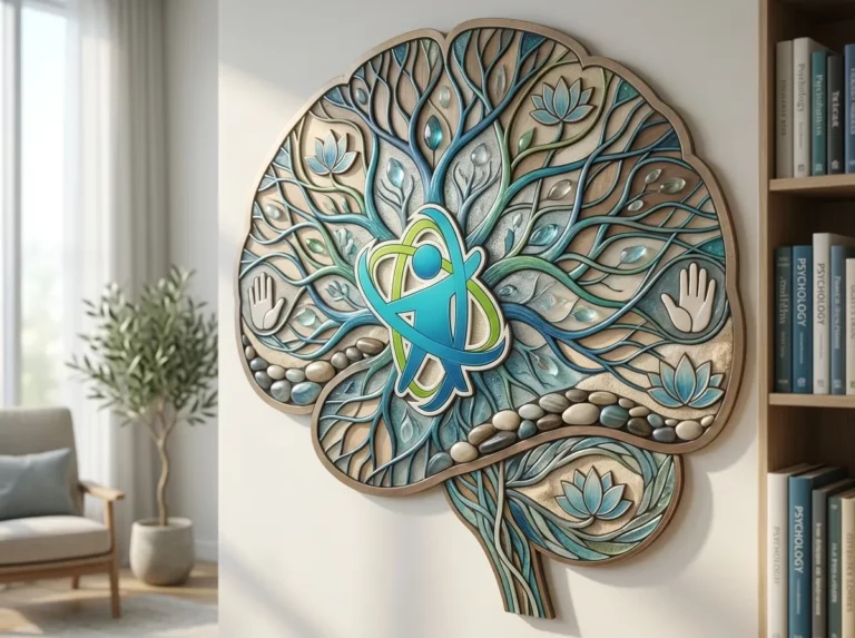 Decoración en forma de cerebro con elementos de crecimiento personal y salud mental