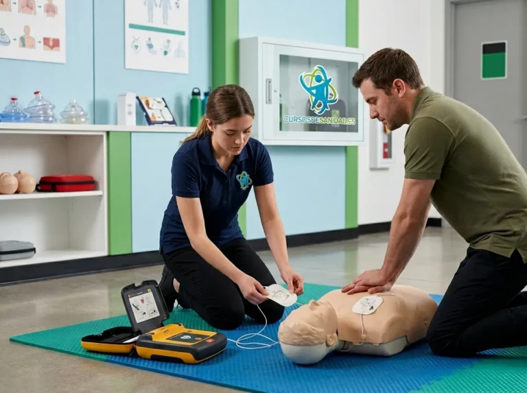 Instructora enseñando maniobras de reanimación cardiopulmonar a un alumno
