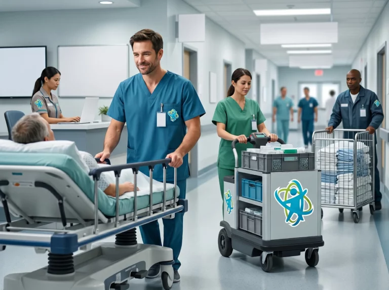 Personal administrativo y de apoyo atendiendo a usuarios en la recepción de un centro sanitario.