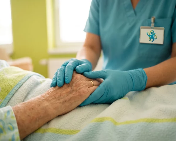 Enfermera conversando y ofreciendo apoyo emocional a una persona mayor en una habitación sanitaria.