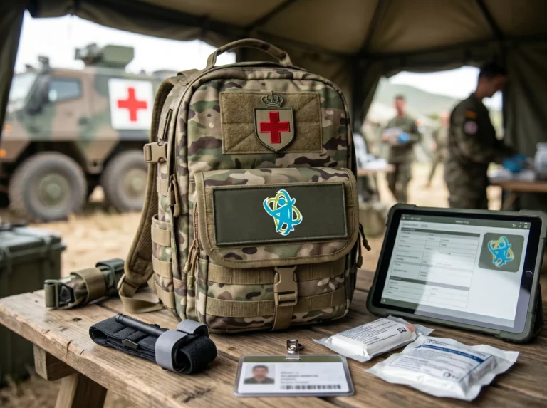 Profesional del Cuerpo Militar de Sanidad atendiendo a un paciente durante un ejercicio de asistencia médica en campaña.