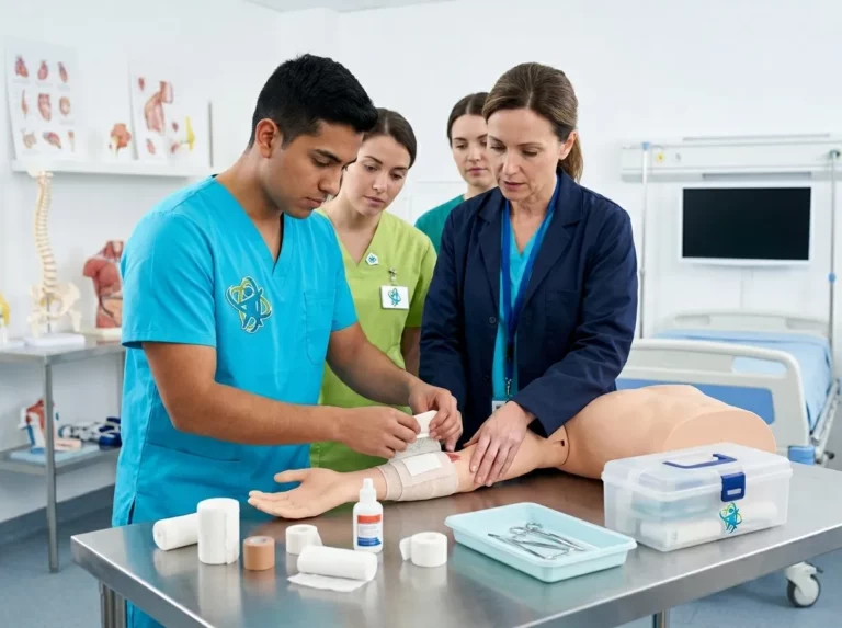 Equipo sanitario realizando prácticas de atención urgente con paciente simulado y sistemas de monitorización