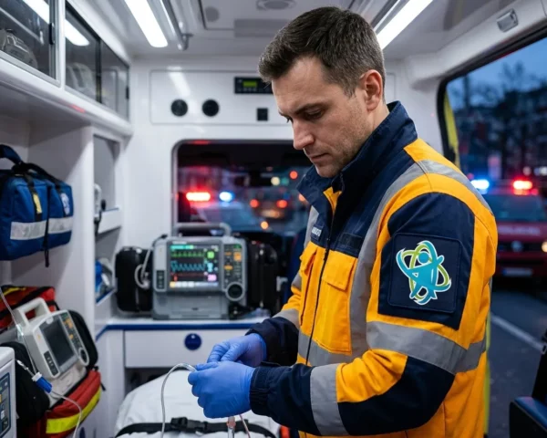 Profesional sanitario preparando material asistencial en el interior de una ambulancia de emergencias