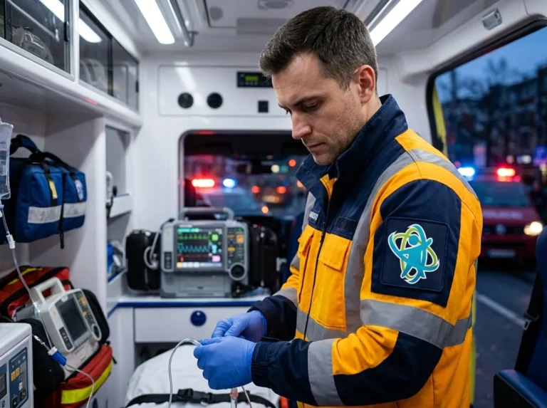 Profesional sanitario preparando material asistencial en el interior de una ambulancia de emergencias