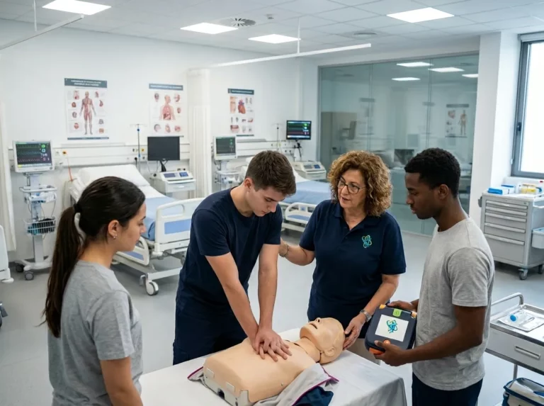 Grupo de estudiantes realizando prácticas de atención al paciente en entorno de simulación clínica