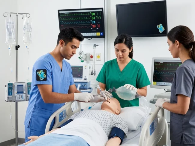 Alumnos utilizando recursos digitales y simuladores para el aprendizaje de procedimientos sanitarios
